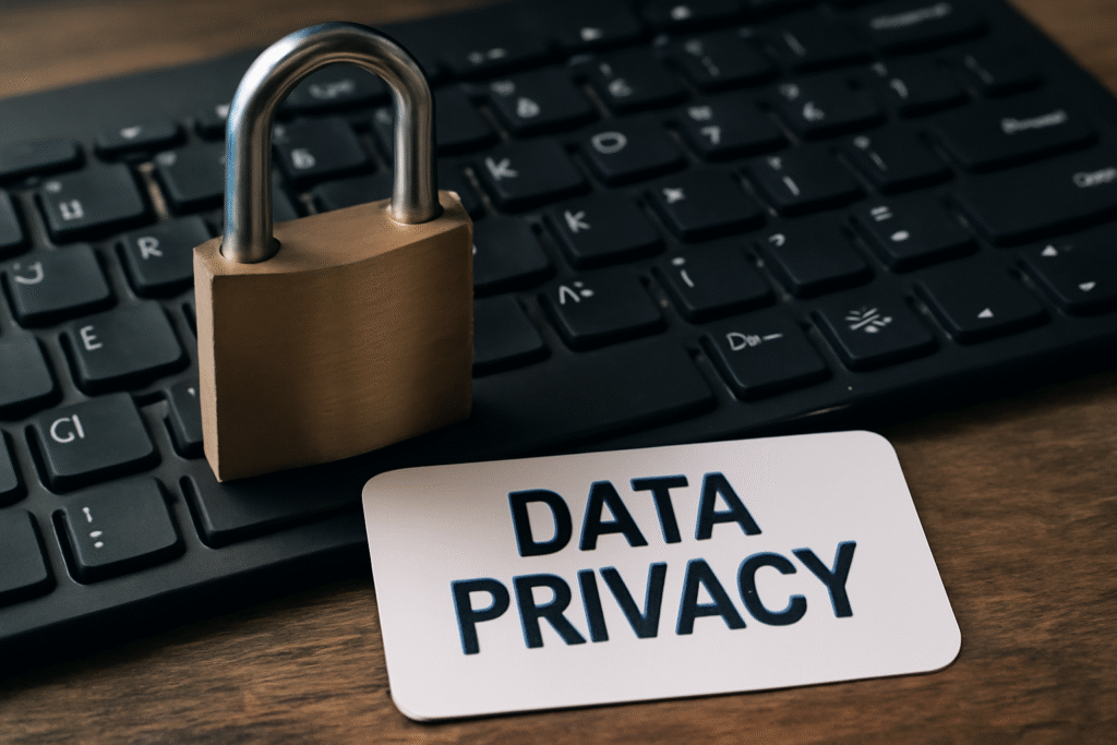 data protection and privacy in Nigeria, showing secure digital networks, encrypted personal data, and compliance with the Nigeria Data Protection Act 2023, representing businesses and diaspora Nigerians safeguarding sensitive information.